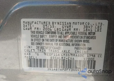 2015 Nissan Sentra Sr из США, поврежденный, VIN 3N1AB7AP2FY344451